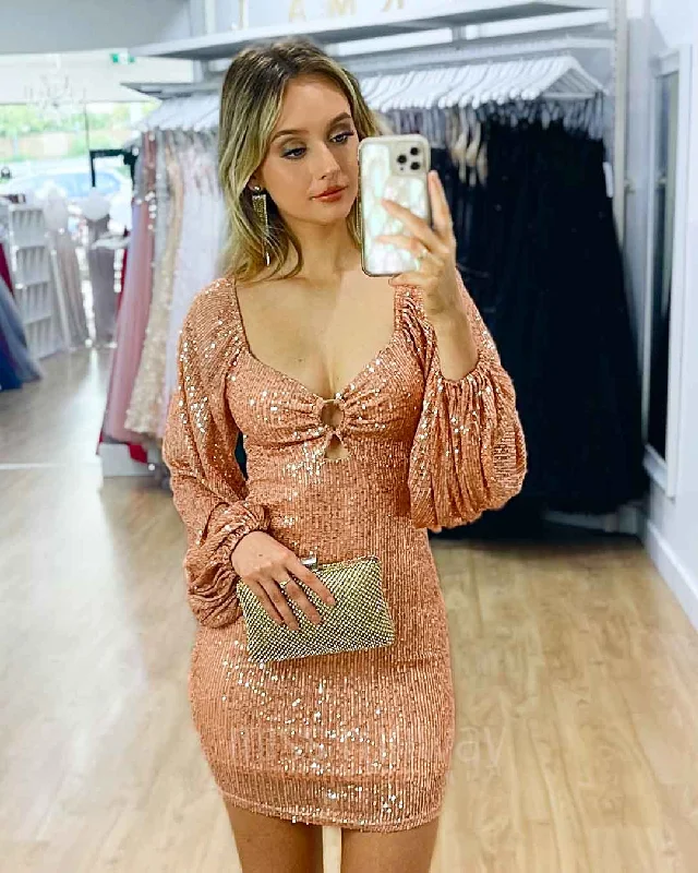 Morgan Sequin Mini Dress - Rose Gold Casual High-Waist Mini Dress
