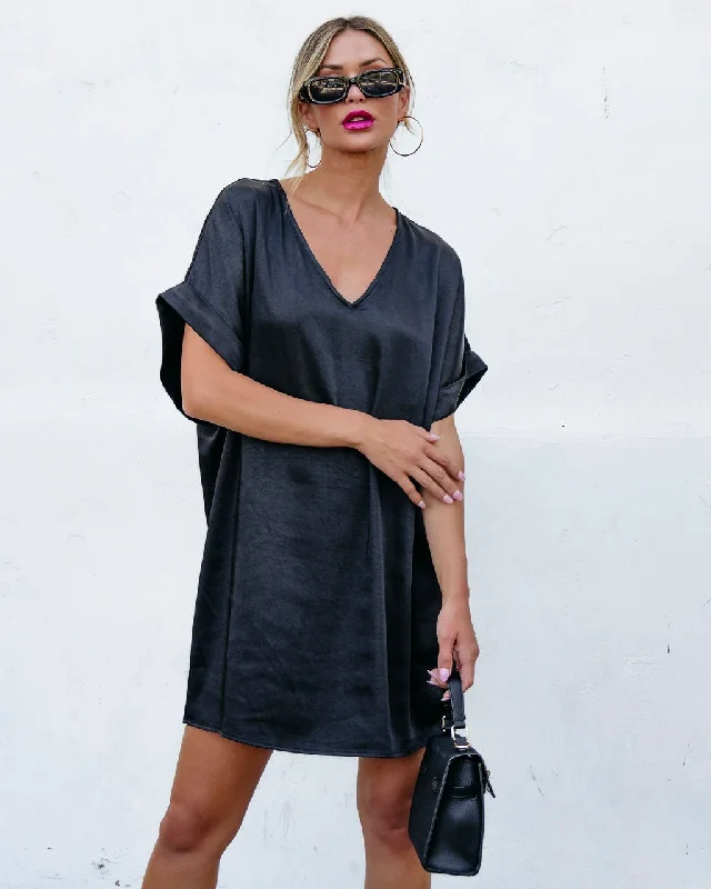 Muse By Magnolia Black Satin Mini Dress Chic Mini Dress with V-Neck
