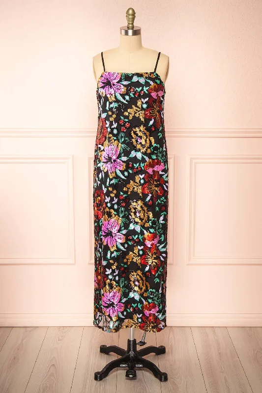 Myrine | Straight Midi Dress w/ Sequin Flowers Cozy A-Line Midi Dress