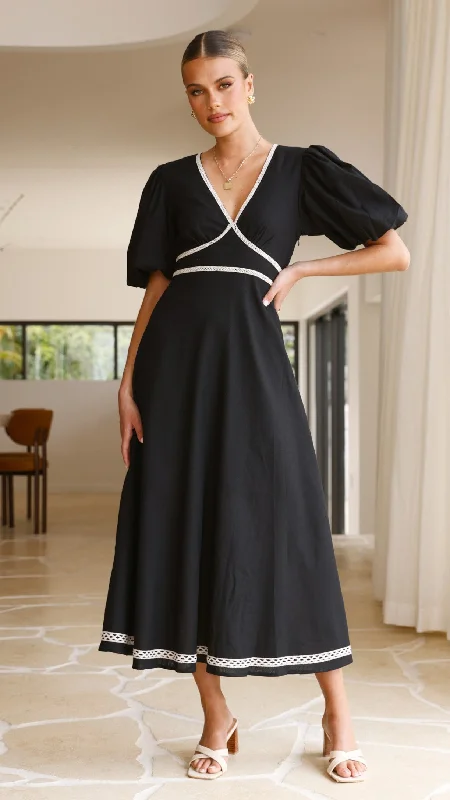 Nakisha Maxi Dress - Black Trendy Ruffled Maxi Dress