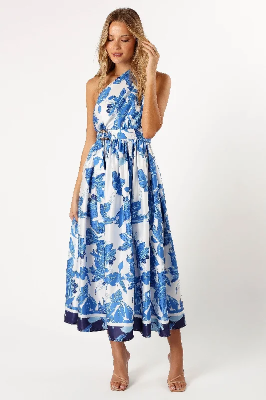 Naomi One Shoulder Midi Dress - Blue Floral Chic Floral Print Midi Dress