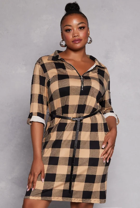 Plus Size Plaid Half Zip Belted Midi Dress Trendy Smocked Detail Midi Dress