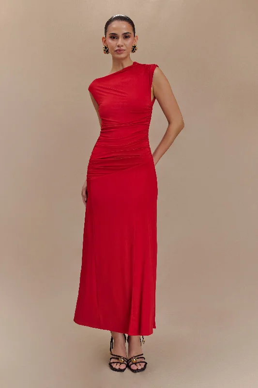 Navanna Asymmetric Slinky Midi Dress - Red Stylish Striped Midi Dress