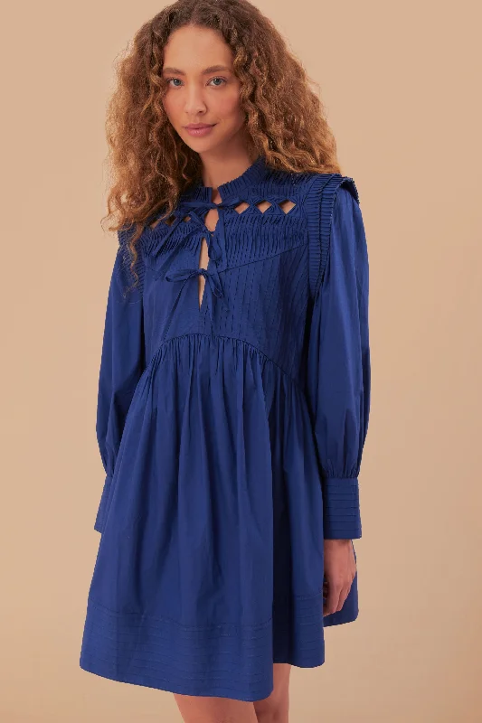 Navy Blue Open Yoke Mini Dress Comfortable Polka Dot Mini Dress