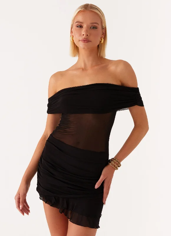 Nelly Off Shoulder Mini Dress - Black Trendy Button-Detail Mini Dress