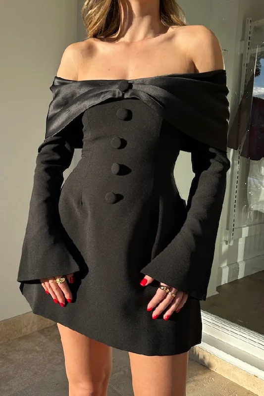 The Ultimate Muse Bow Mini Dress Black Cozy Long Sleeve Mini Dress