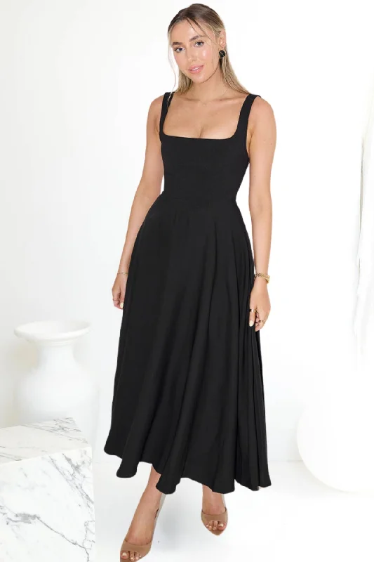 Odd Muse Ultimate Muse High Waist Square Neck Midi Dress (Black) Stylish Cold Shoulder Midi Dress