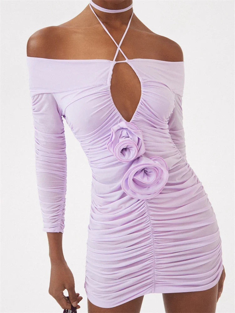 Off Shoulder Long Sleeve Tie-Up Mini Dresses Classic Solid Mini Dress
