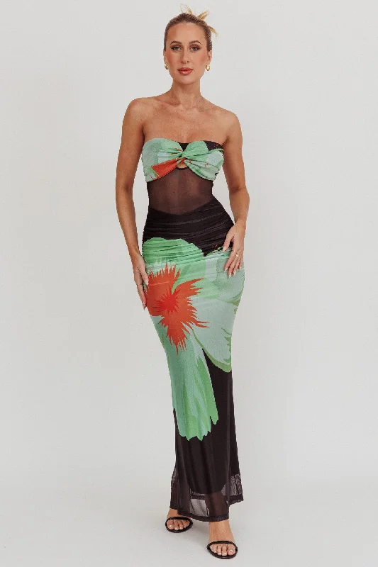 Oliana Sheer Waist Floral Maxi Dress Black Elegant Maxi Dress with Lace