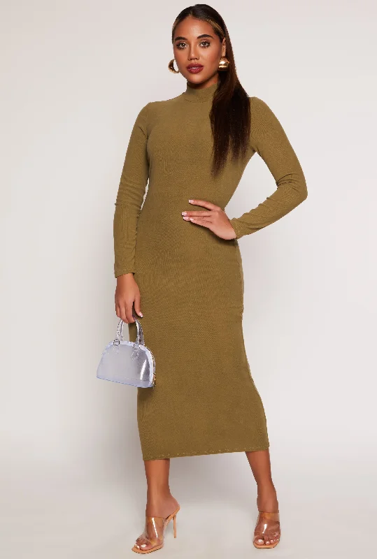 Ribbed Mock Neck Long Sleeve Midi Dress Fashionable Casual Midi Dress