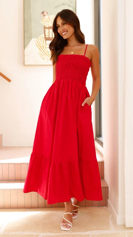 Olivera Maxi Dress - Red Comfortable Maxi Dress with Sleeves