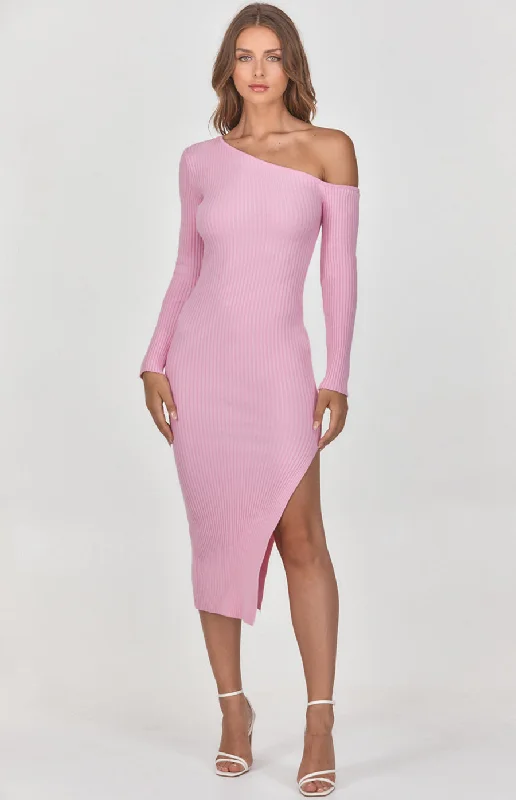 One Shoulder Knit Midi Dress with Side Split Fashionable Pencil Midi Dress