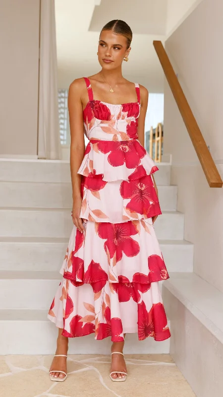 Page Maxi Dress - Red Floral Stylish Maxi Dress with Frills