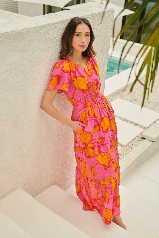 Passion Punch Palmer Poplin Tiered Maxi Dress Cozy Open-Back Maxi Dress