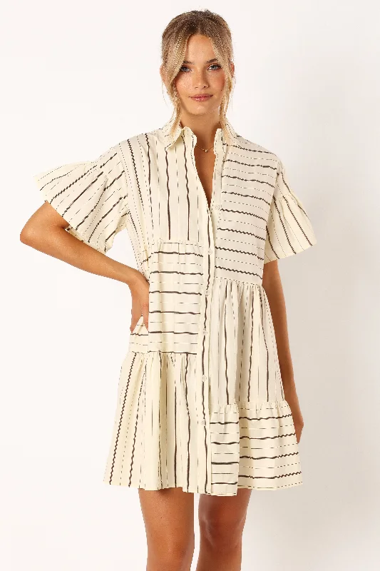 Peachy Mini Dress - Beige Tan Elegant Mini Dress with Pleats