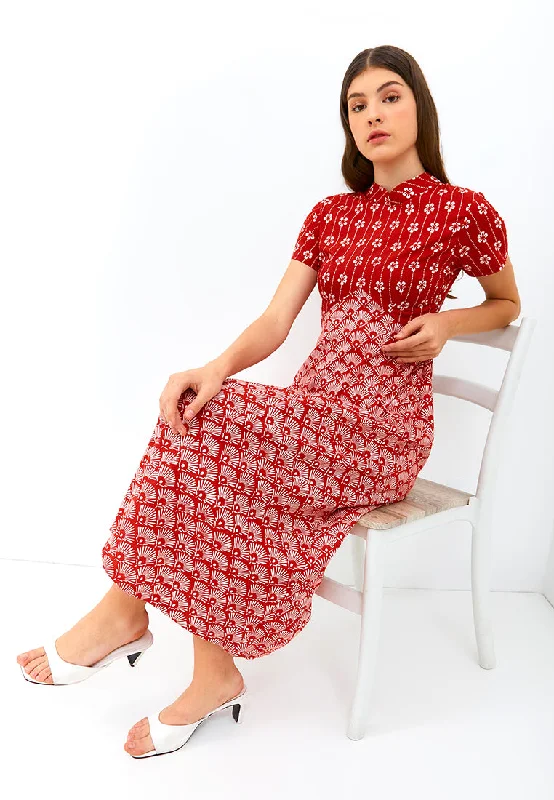 PEACOCK Red Batik Maxi Dress Stylish One-Shoulder Maxi Dress