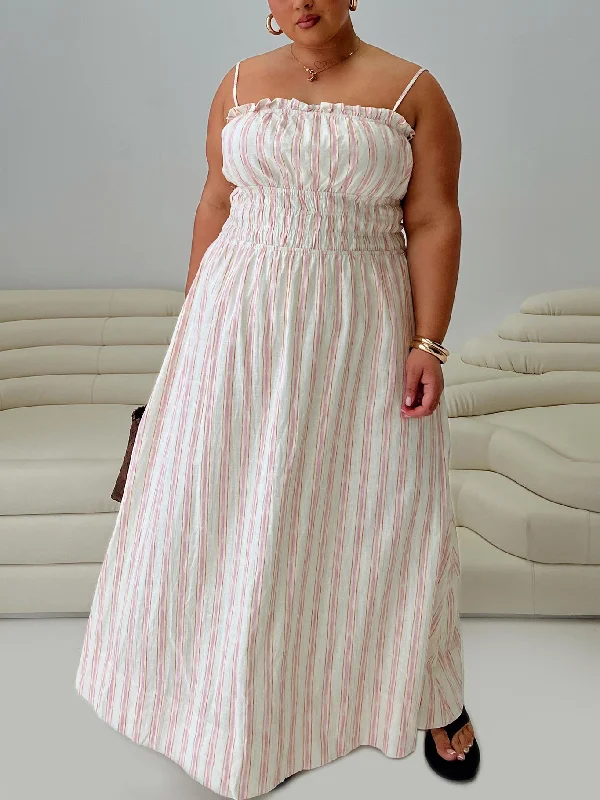 Persephone Shirring Linen Maxi Dress Pink Stripe Curve Elegant Sleeveless Maxi Dress