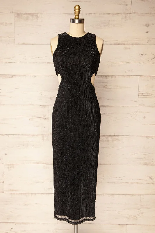 Pezenas Black | Midi Dress w/ Metallic Threads Fashionable Polka Dot Midi Dress