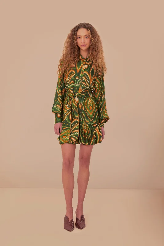 Green Pineapple Ikat LENZING™ ECOVERO™ Viscose Mini Dress Cozy Cowl Neck Mini Dress