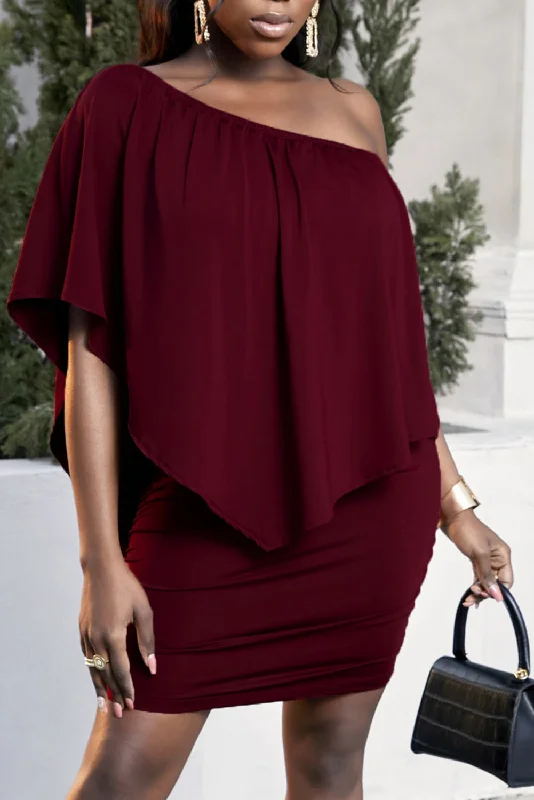 Hi Curvy Plus Size Women One-Shoulder Half Sleeve Mini Dress Cozy Sweater Mini Dress