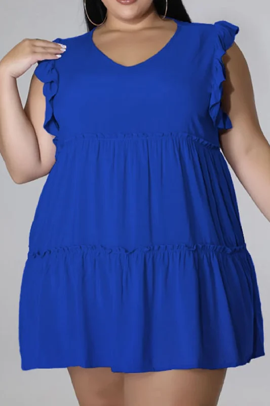 HI Curvy Plus Size Women V-Neck Frill Trim Mini Dress Cozy Long Sleeve Mini Dress