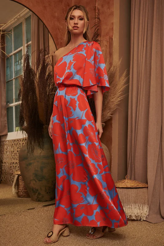 Poppy Floral Meara One Shoulder Satin Maxi Dress Classic Solid Maxi Dress