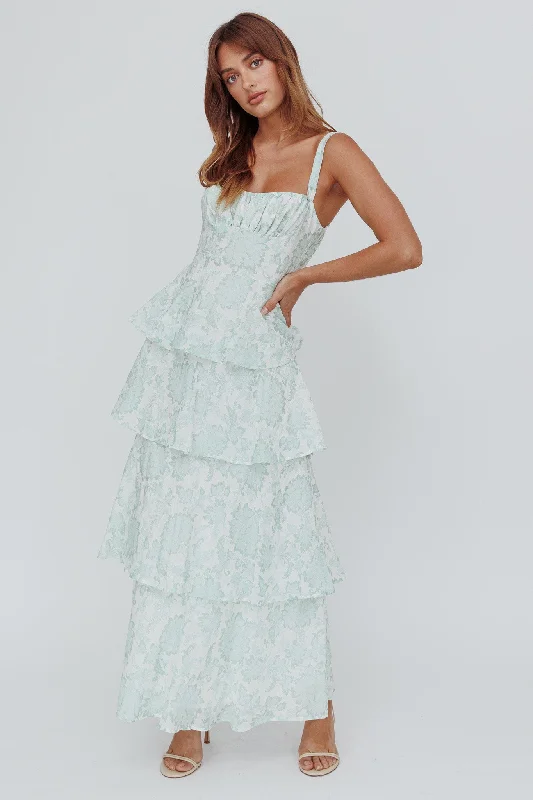 Provence Bloom Tiered Maxi Dress Floral Sage Elegant Lace-Up Maxi Dress