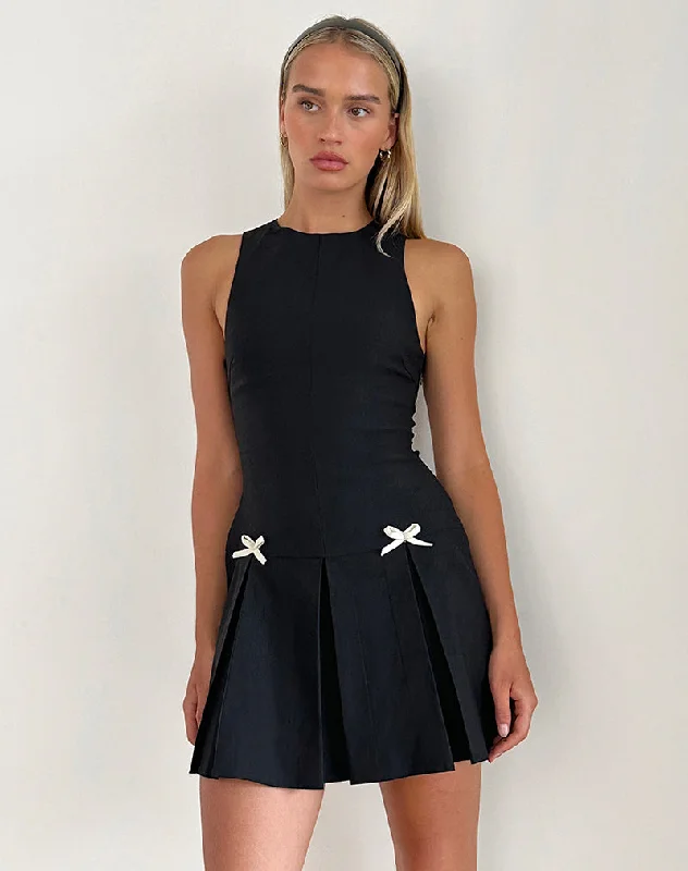 Radeta Mini Dress in Black with Ivory Bows Cozy Cotton Mini Dress