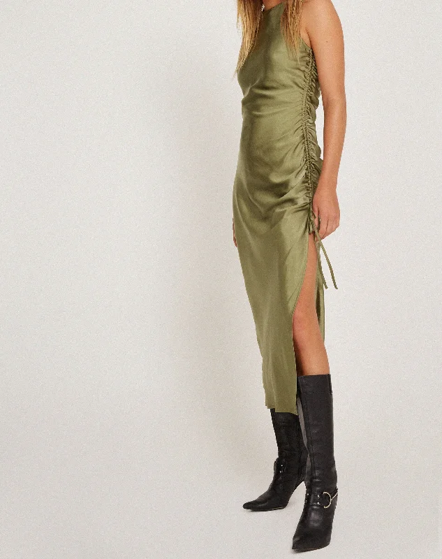 Raybu Ruched Midi Dress in Satin Olive Comfortable Button Front Midi Dress