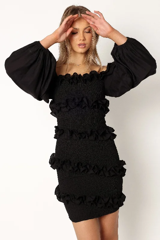 Reba Off Shoulder Mini Dress - Black Cozy A-Line Mini Dress