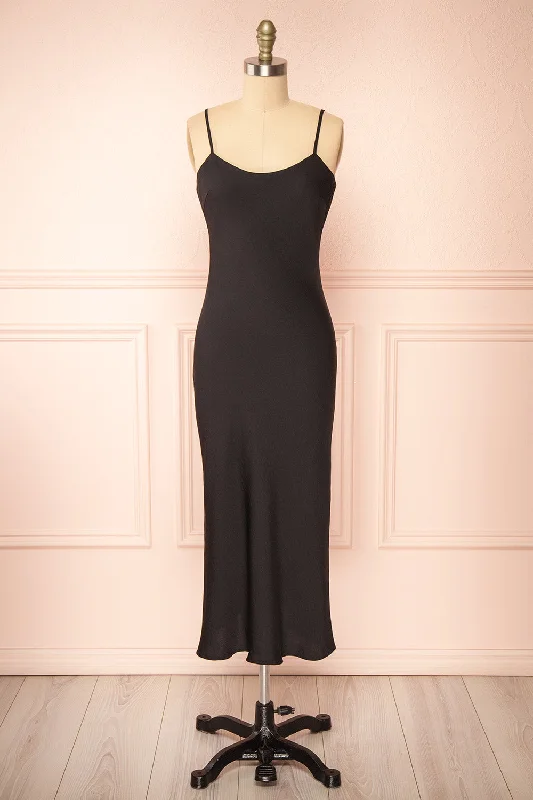Rebby Black | Silky Fitted Midi Dress Elegant Puff Sleeve Midi Dress