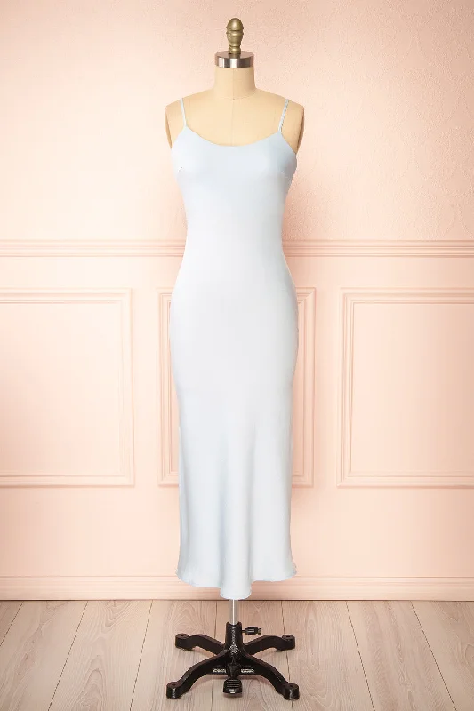 Rebby Blue | Silky Fitted Midi Dress Trendy Mock Neck Midi Dress
