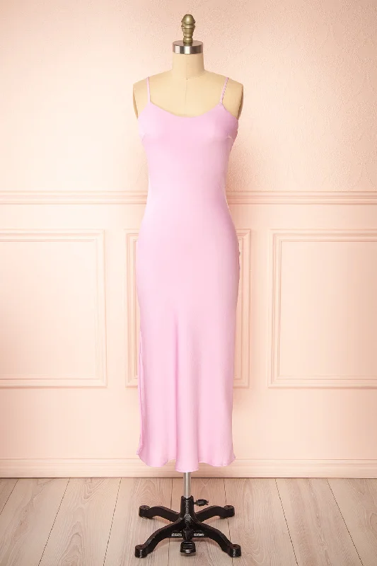 Rebby Pink | Silky Fitted Midi Dress Elegant Lace Trim Midi Dress