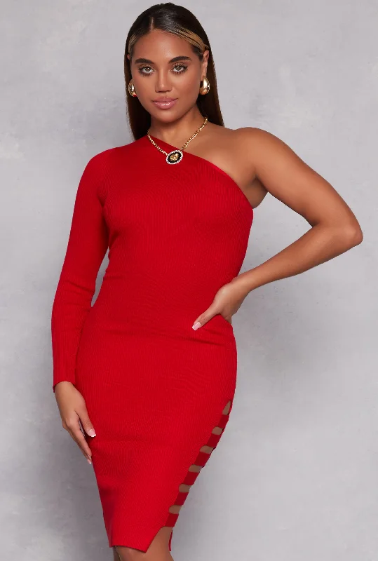 Ribbed One Shoulder Caged Side Detail Midi Dress Comfortable Wrap Midi Dress