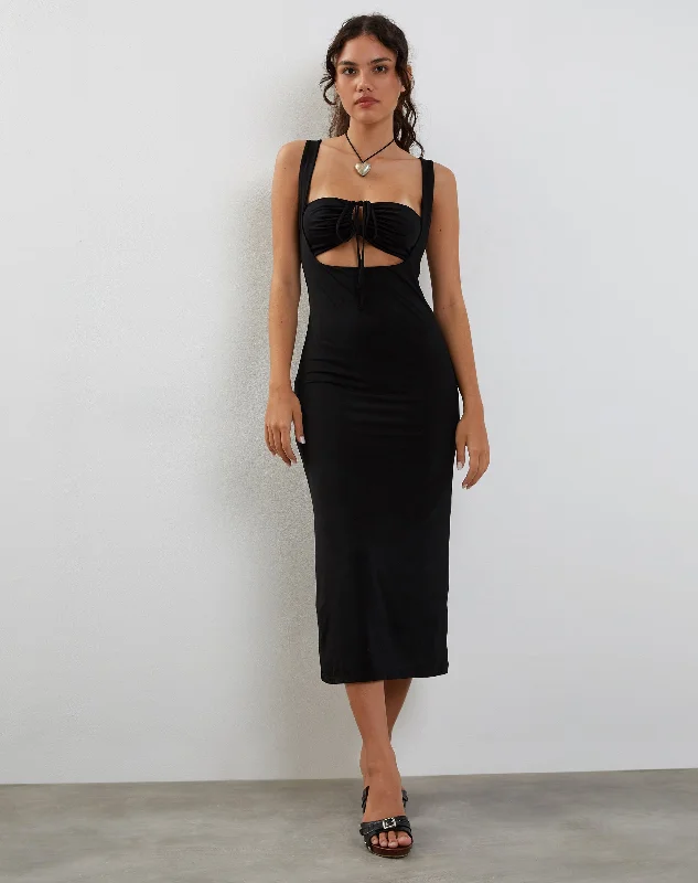 Reina Cut Out Bodycon Midi Dress in Black Chic Off-Shoulder Midi Dress