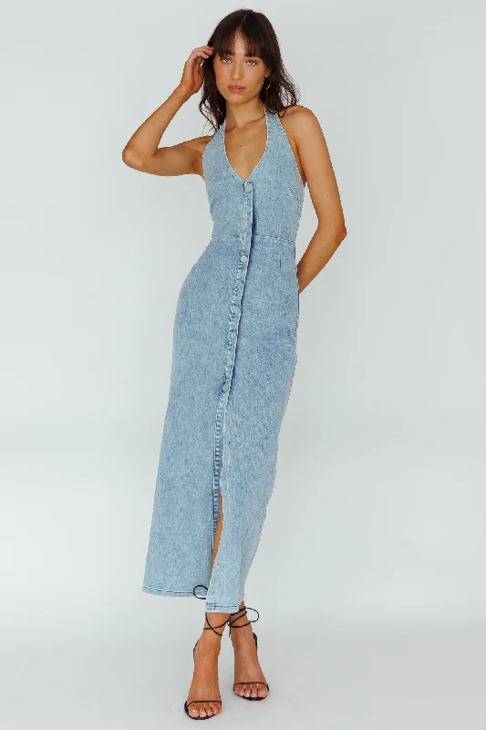 Renita Halterneck Button Maxi Dress Denim Blue Stylish Maxi Dress with Frills
