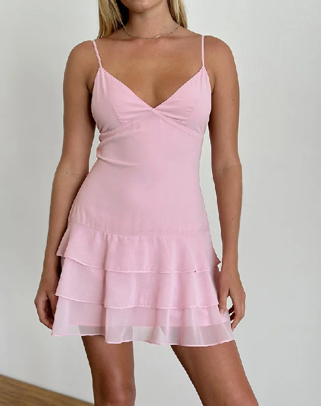 Riasi Ruffle Mini Dress in Chiffon Baby Pink Elegant Floral-Print Mini Dress