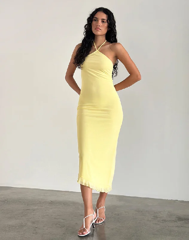 Ribka Midi Dress in Mesh Lemon Elegant Pleated Detail Midi Dress