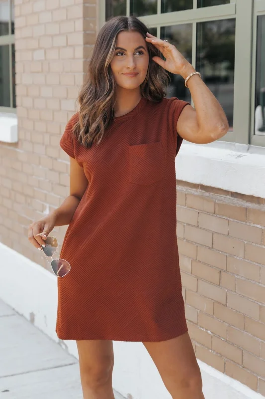 Rust Cap Sleeve Textured Mini Dress Cozy T-Shirt Mini Dress