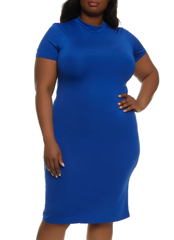 Plus Size Mock Neck Short Sleeve Midi Dress Trendy A-Line Midi Dress
