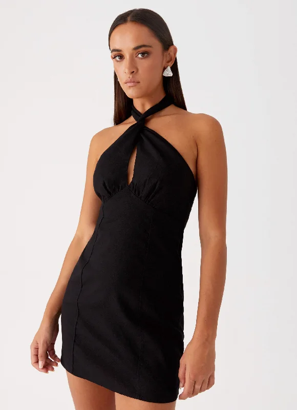 Sabine Linen Mini Dress - Black Chic Pleated Mini Dress