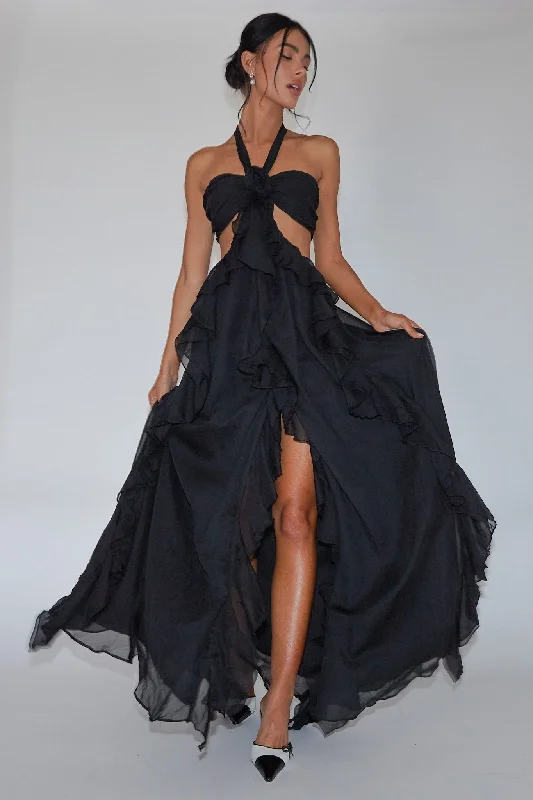 Santiago Cut-Out Ruffle Maxi Dress Black Cozy Ribbed Maxi Dress