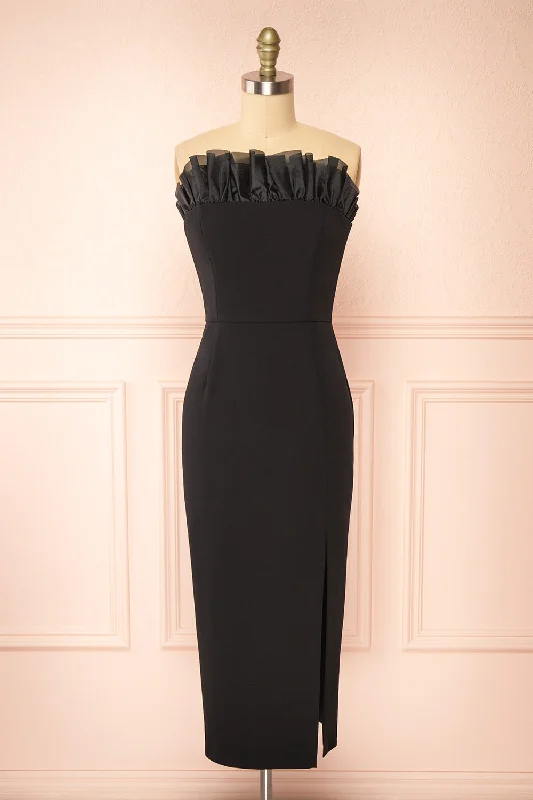 Scarabella | Strapless Black Midi Dress Comfortable Ruched Midi Dress