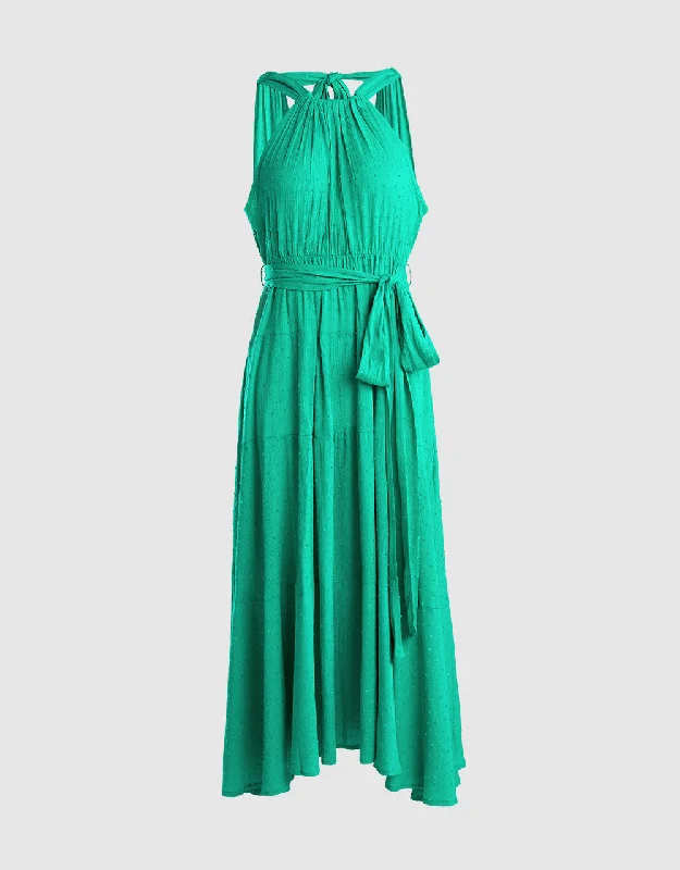 Halter Belted Sleeveless Maxi Dress Fashionable Chiffon Tiered Maxi Dress