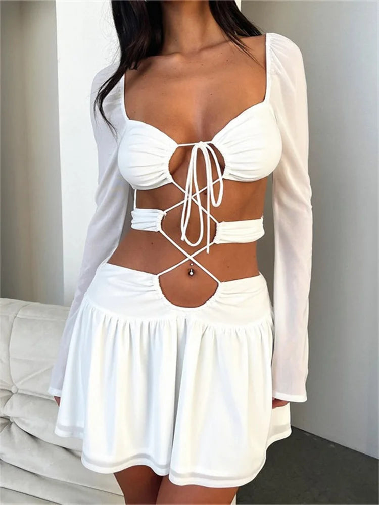 Solid Criss-Cross Tie-Up Long Sleeve Mini Dresses Cozy Jersey Mini Dress