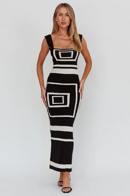 Stargazing Square Print Knit Maxi Dress Black Trendy Satin Maxi Dress
