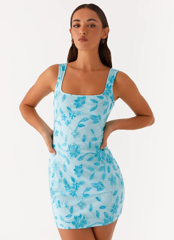 Starlina Square Neck Beaded Mini Dress - Blue Chic Mini Dress with V-Neck