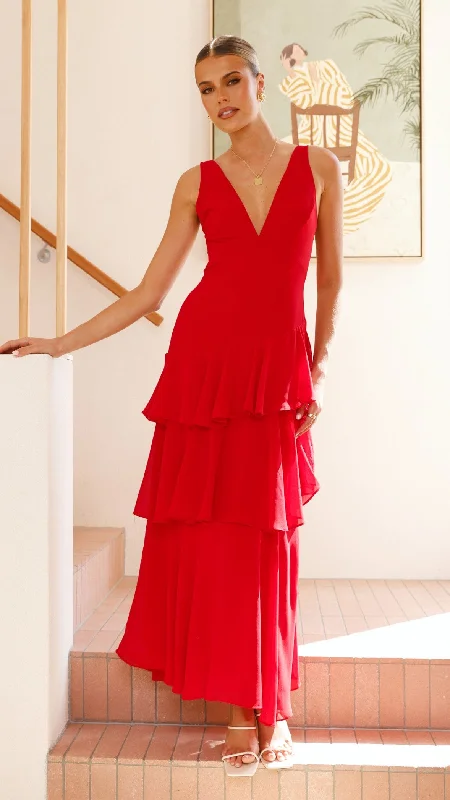 Stasie Maxi Dress - Red Elegant Lace-Up Maxi Dress