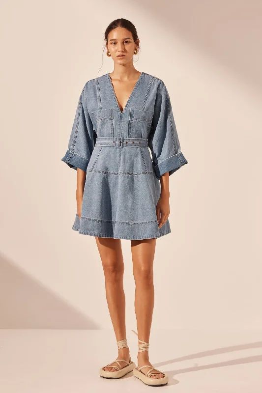 STELLA PATCH POCKET MINI DRESS - MID BLUE Trendy Wraparound Mini Dress