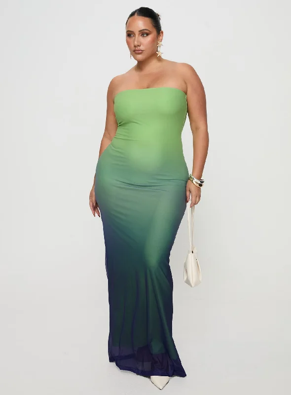 Stolen Love Strapless Maxi Dress Blue / Green Ombre Curve Elegant Silk Maxi Dress